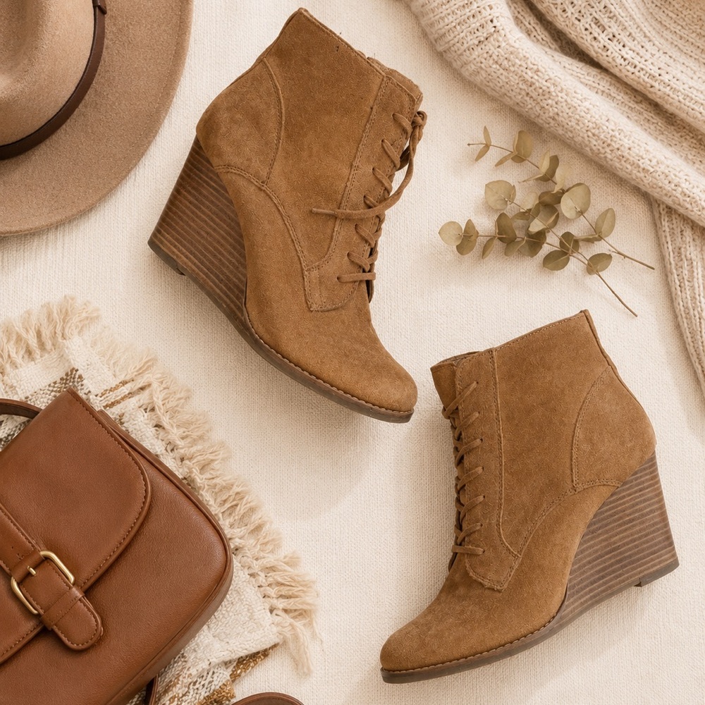 Lucky brand suede wedge lace-up ankle boot/ bootie 🍂